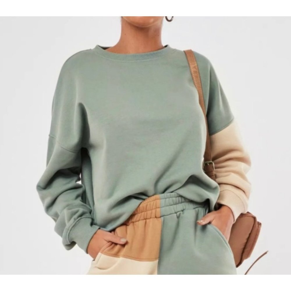 Missguided Colorblock Crewneck Sweatshirt Sweater Green Cream Size US 6